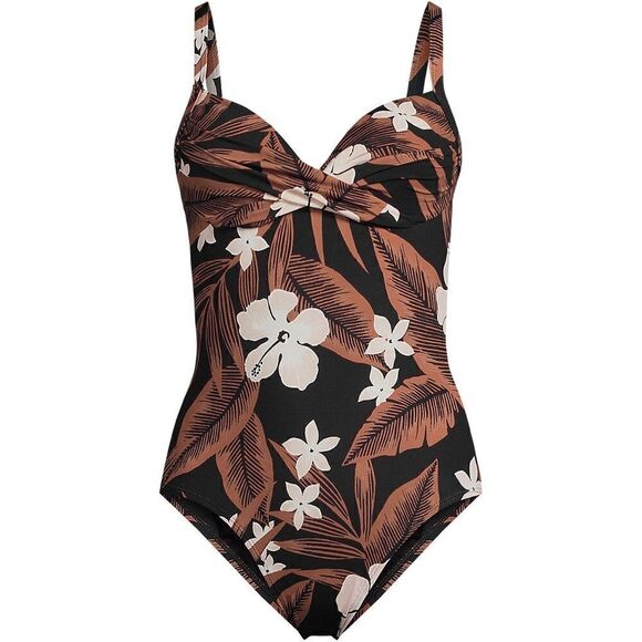 Land's End 1 piece suit chlorine resist targeted sculpting black floral palm Var - Picture 1 of 9